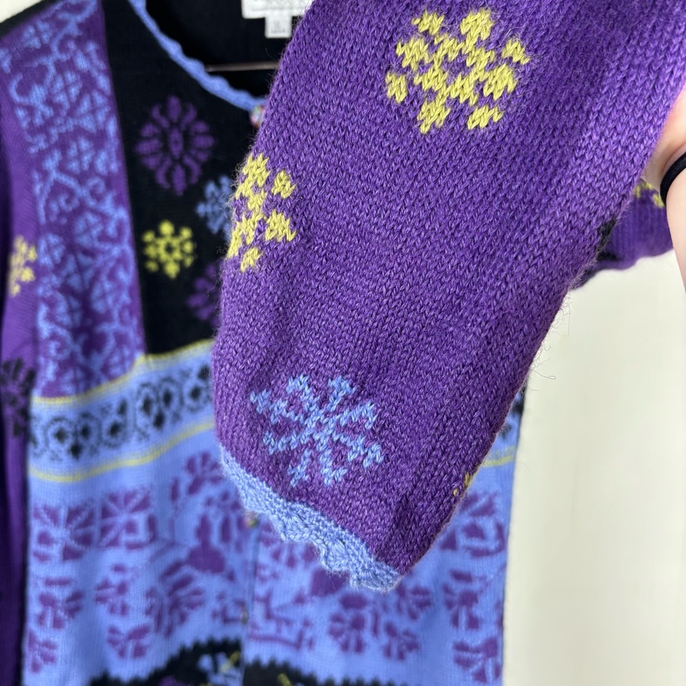 Alpaca Imports Wool Blend Button Front Cardigan L Purple Black Nordic Artsy - Picture 4 of 14